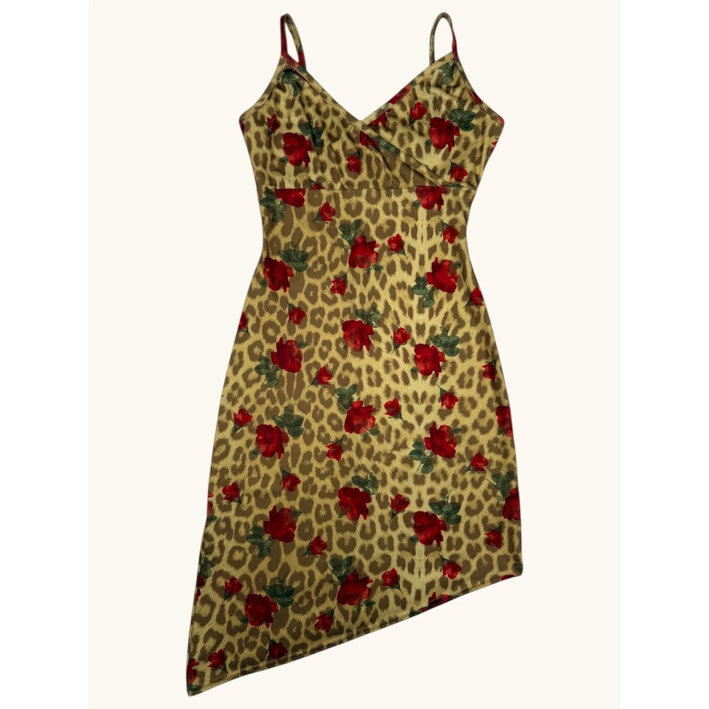 A.Aubrey Leopard Rose Print Asymmetrical Midi Dress Womens Small V-Neck Bodycon